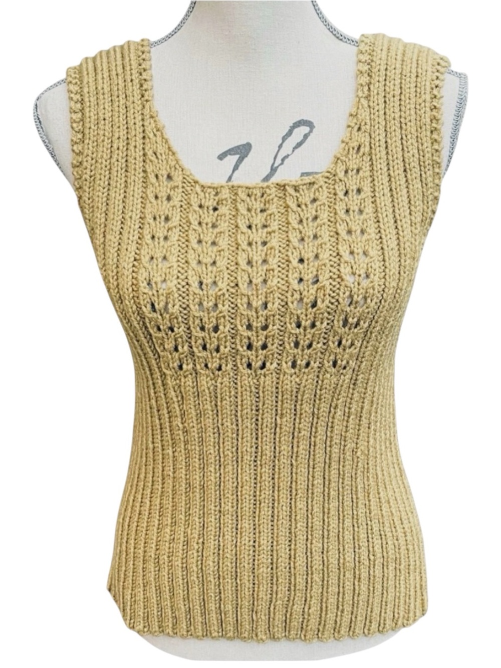 Wheat Handmade Chunky Knit Ribbed Pointelle Sleeveless Top Vest (XS/S)